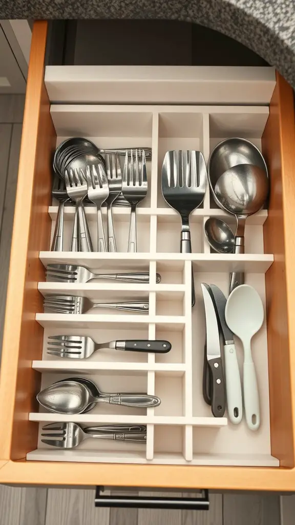 19 Affordable Dollar Tree Kitchen Organization Ideas You Need to Try 6 An organized kitchen drawer with utensils separated by dividers.