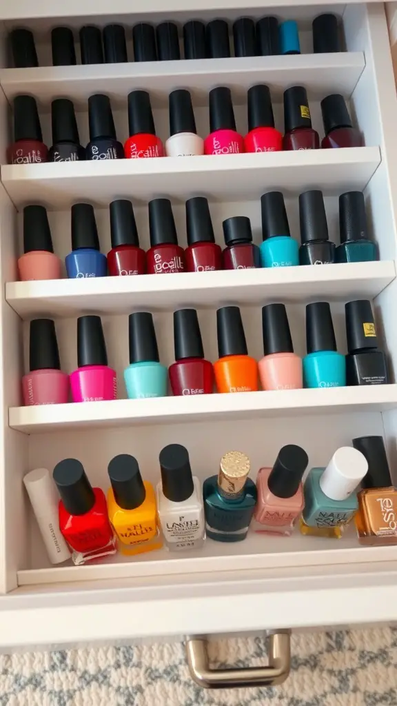 19+Creative Nail Polish Storage Ideas You’ll Love 4 Organized drawer with various nail polish bottles arranged by color.