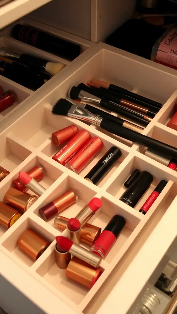 19+Creative Makeup Storage Ideas You Need to Try 8 Organized makeup drawer with drawer inserts, featuring lipsticks and brushes in separate compartments.