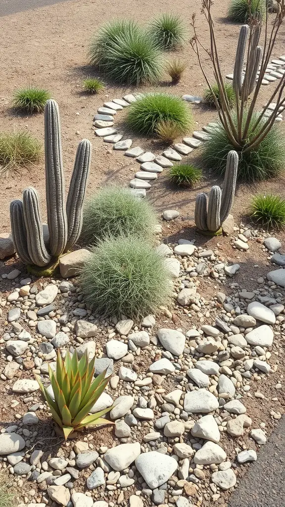 23 Stunning Dry Riverbed Landscaping Ideas to Transform Your Outdoors 2 A drought-resistant landscape featuring cacti and grasses arranged with stones.