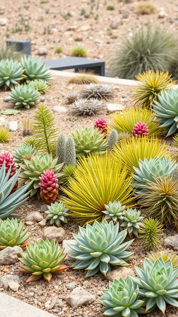 A colorful arrangement of drought-resistant plants, including succulents and cacti, set in a gravel landscape.