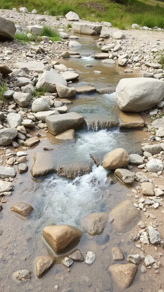 23 Stunning Dry Riverbed Landscaping Ideas to Transform Your Outdoors 6 A dry riverbed with smooth stones and gentle water flow, surrounded by greenery.