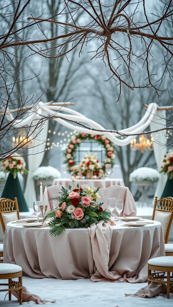 A beautifully decorated winter wedding setting featuring dusty rose and sage green colors, with floral arrangements and elegant table settings.