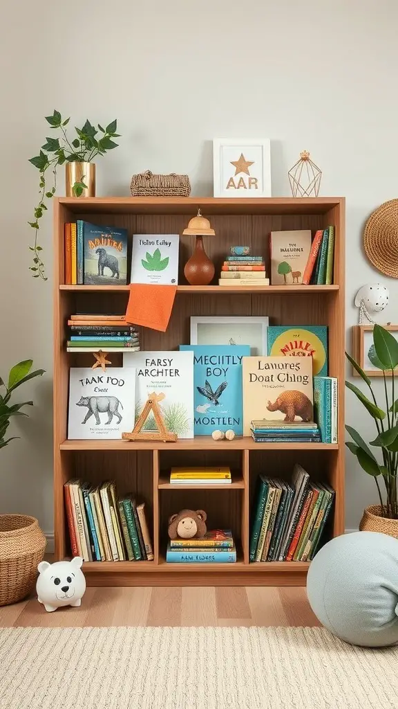 A wooden bookcase filled with colorful children's books and decorative items, showcasing eco-friendly storage solutions.