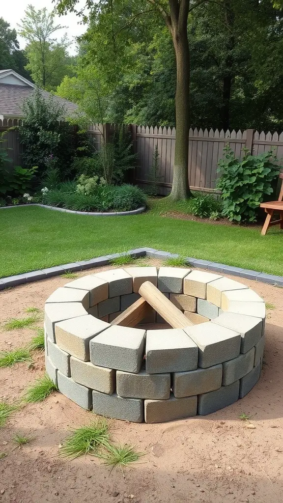 13 Creative Cinder Block Fire Pit Ideas for Your Backyard 13 An eco-friendly cinder block fire pit surrounded by grass and plants.