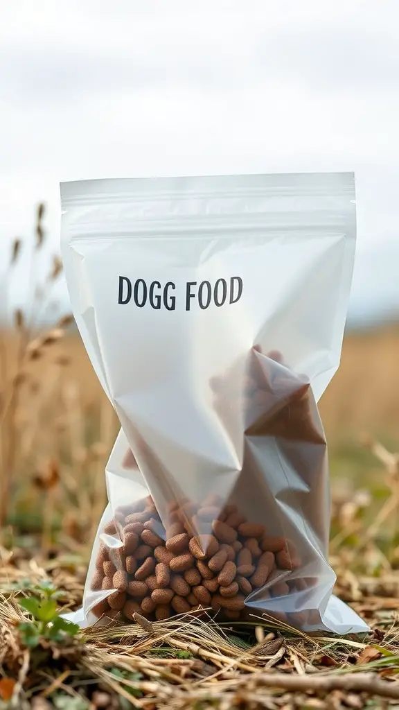 19+Essential Dog Food Storage Solutions You Need 16 A clear bag labeled 'DOGG FOOD' filled with kibble, placed on the ground among grass.