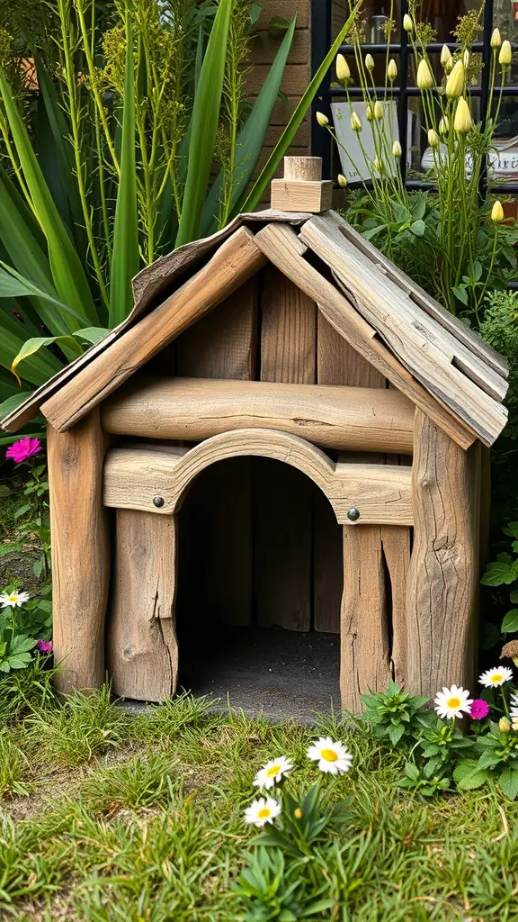 17+ Creative Outside Dog House Ideas for Your Furry Friend 11 A rustic wooden dog house surrounded by flowers and greenery.