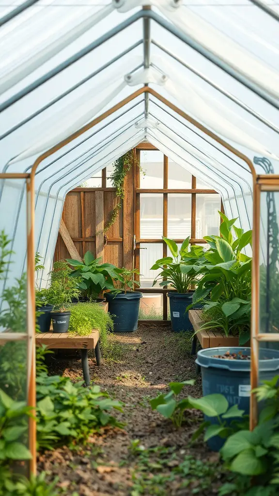 23 Inspiring Garden House Ideas for Your Outdoor Oasis 2 A bright and inviting greenhouse filled with various plants and pots, featuring a wooden frame and clear panels.