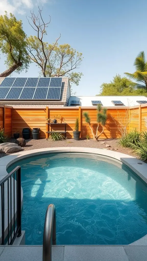21+ Unique Stock Tank Pool Ideas for Your Backyard Oasis 12 A beautiful backyard featuring a stock tank pool surrounded by greenery and solar panels on the roof.