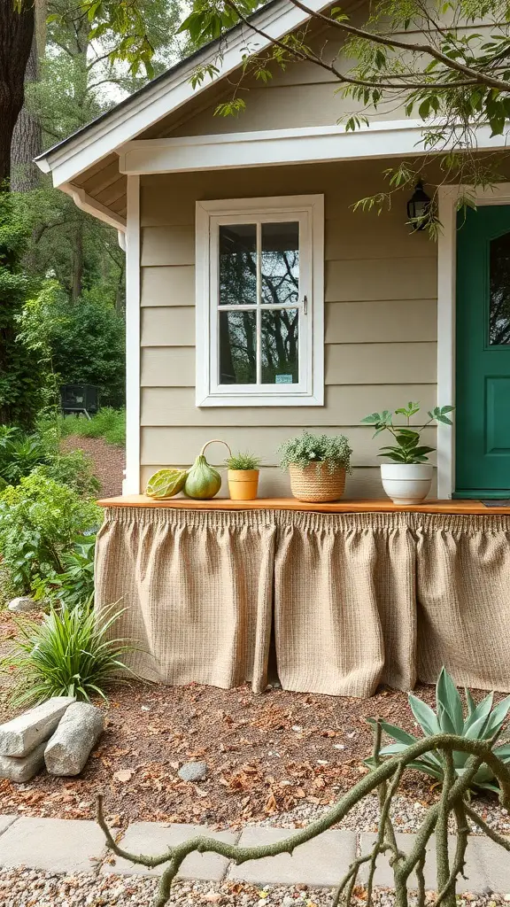 19 Creative House Skirting Ideas to Transform Your Home 16 Eco-friendly house skirting made of burlap with plants on a porch.