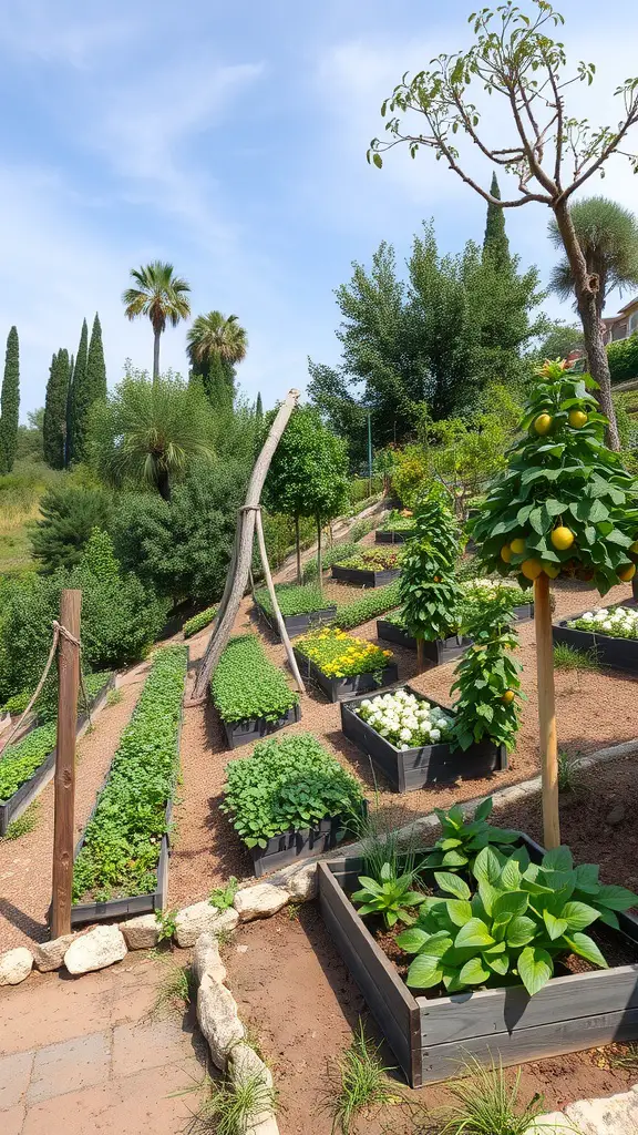 19 Creative Steep Hill Landscaping Ideas to Transform Your Yard 13 A steep hill garden with raised beds filled with herbs, vegetables, and fruit trees.