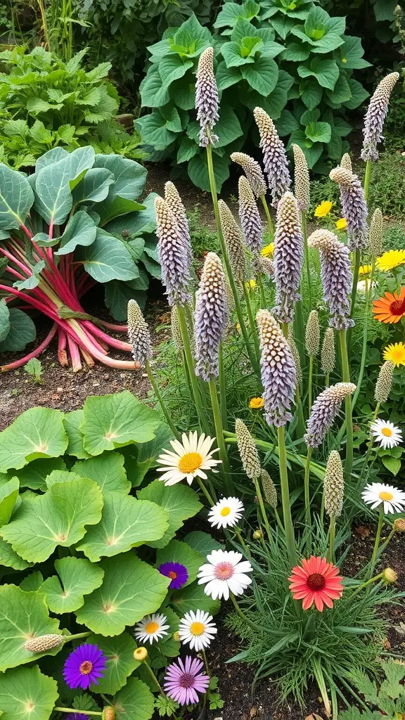 15 Inspiring Perennial Garden Design Ideas to Transform Your Space 15 A colorful garden featuring edible perennials like rhubarb and various flowers.