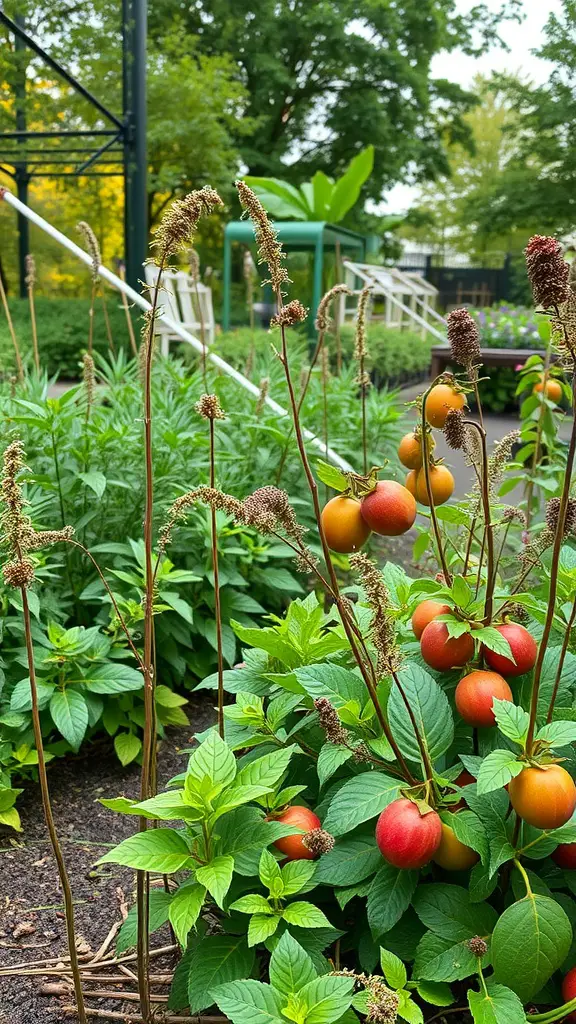 A vibrant garden featuring edible perennial plants with colorful fruits and lush greenery.