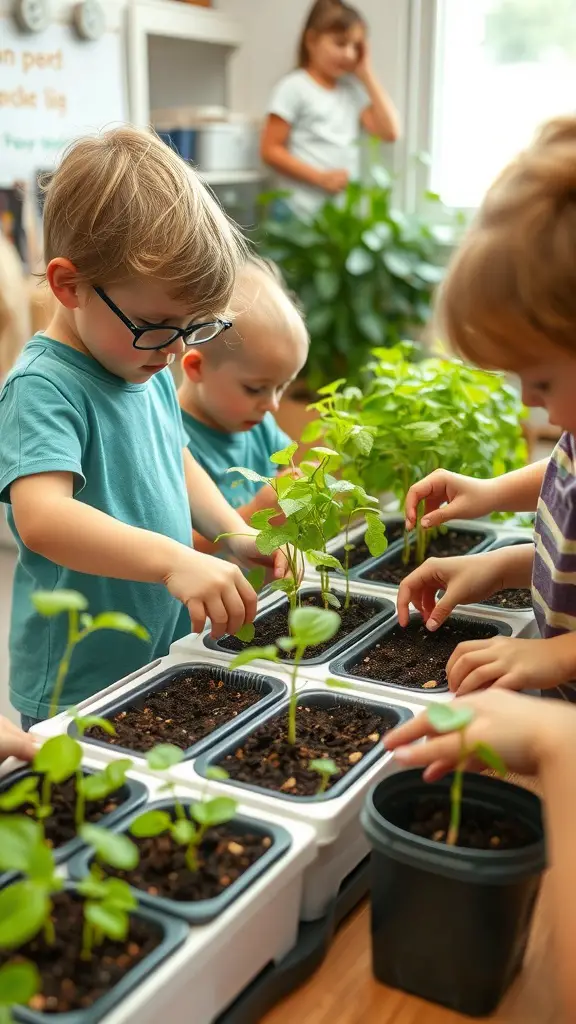 17 Innovative Hydroponic Gardening Ideas You Need to Try 12 Children engaged in hydroponic gardening, planting seeds in small containers.