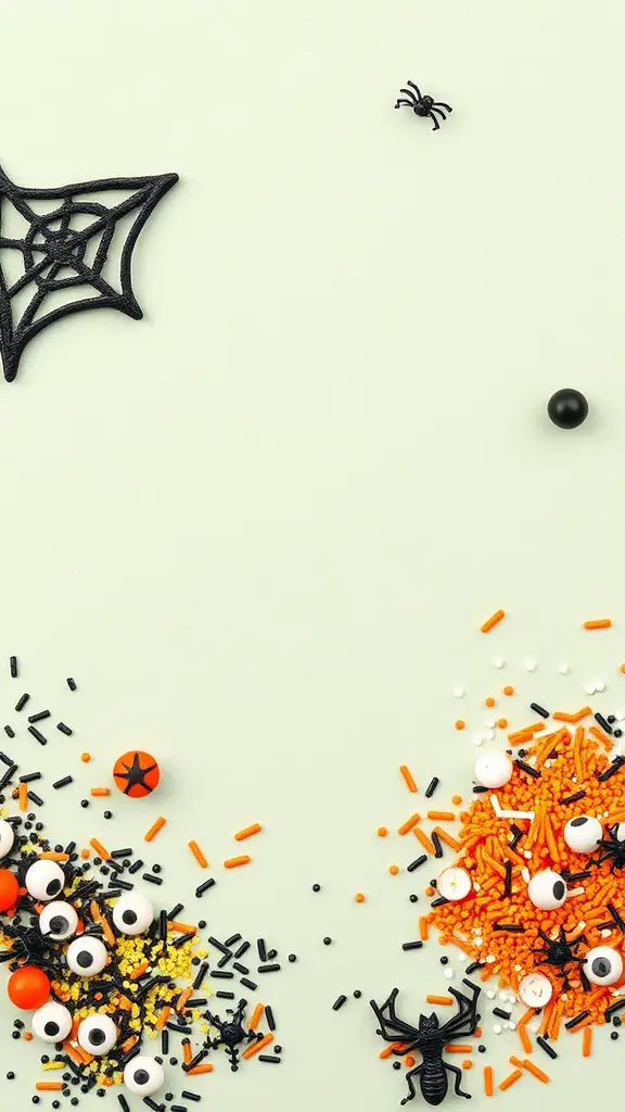 A variety of Halloween-themed edible decorations including sprinkles, candy eyeballs, and plastic spiders.