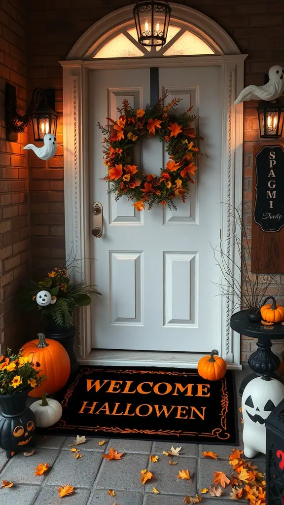 A decorated entryway for Halloween featuring a white door, a wreath with orange leaves, ghost decorations, pumpkins, and a welcome mat.