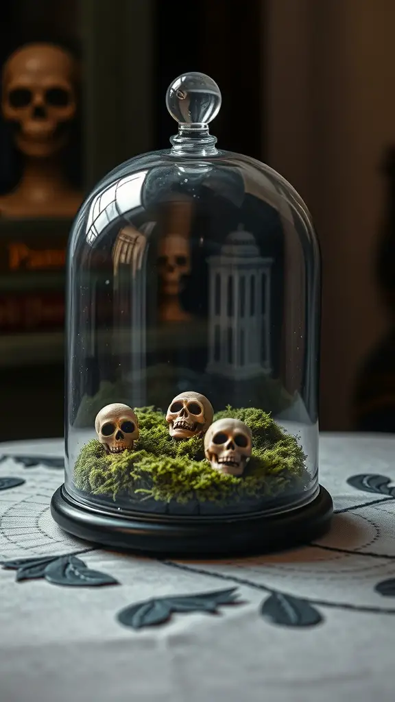 A glass cloche with skulls and moss inside, creating a spooky Halloween centerpiece.