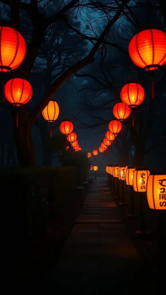 A misty path illuminated by red lanterns, creating an eerie Halloween atmosphere.