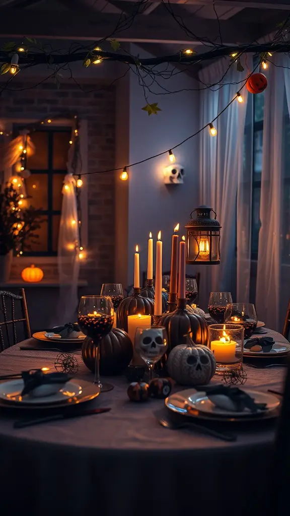19 Spooktacular Items for the Perfect Halloween Tablescape 2 A Halloween-themed table setting with candles, pumpkins, and string lights creating an eerie atmosphere.
