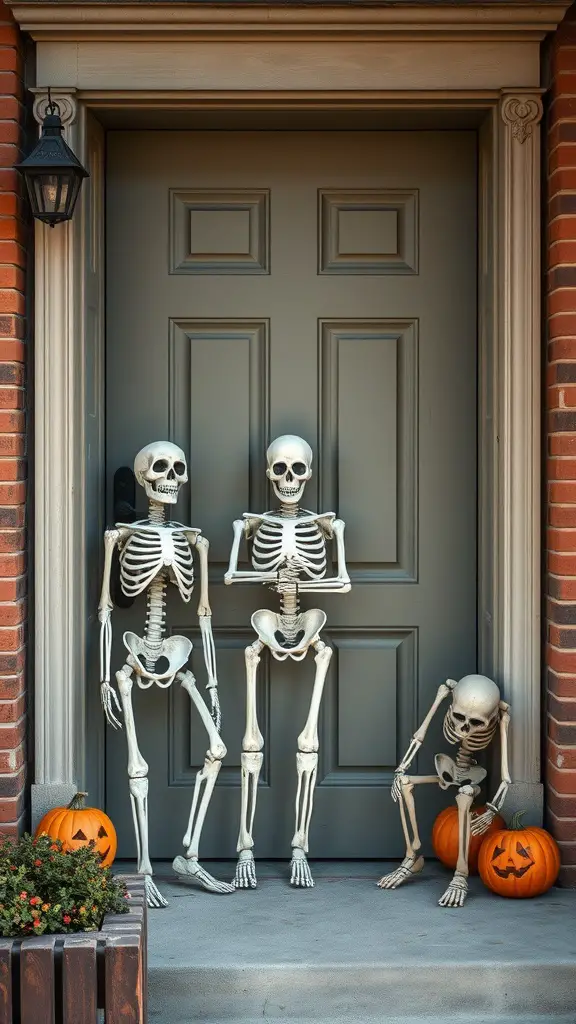 Three skeleton decorations at a front door with pumpkins