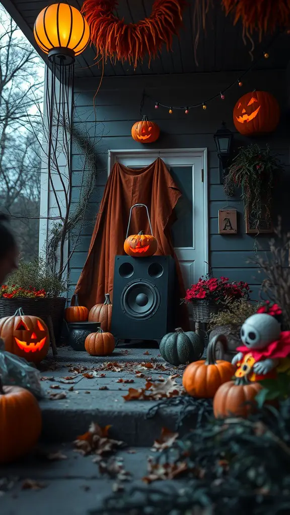 A Halloween-themed porch with pumpkins, decorations, and a speaker for sound effects.