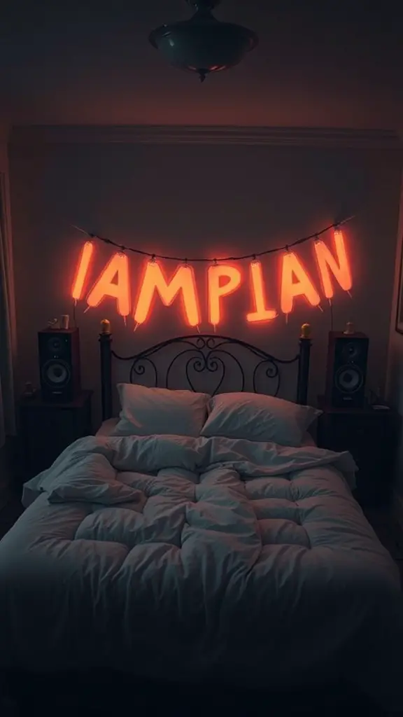 A cozy bedroom with a neon sign that reads 'IAMPLAN' and a rumpled bed, creating a spooky yet modern atmosphere.
