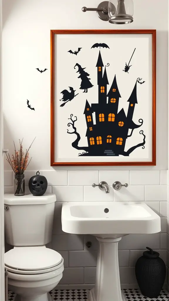 29 Spook-tacular Halloween Bathroom Decor Ideas 6 Halloween-themed wall art featuring a spooky castle, bats, and a witch on a broomstick in a bathroom setting.