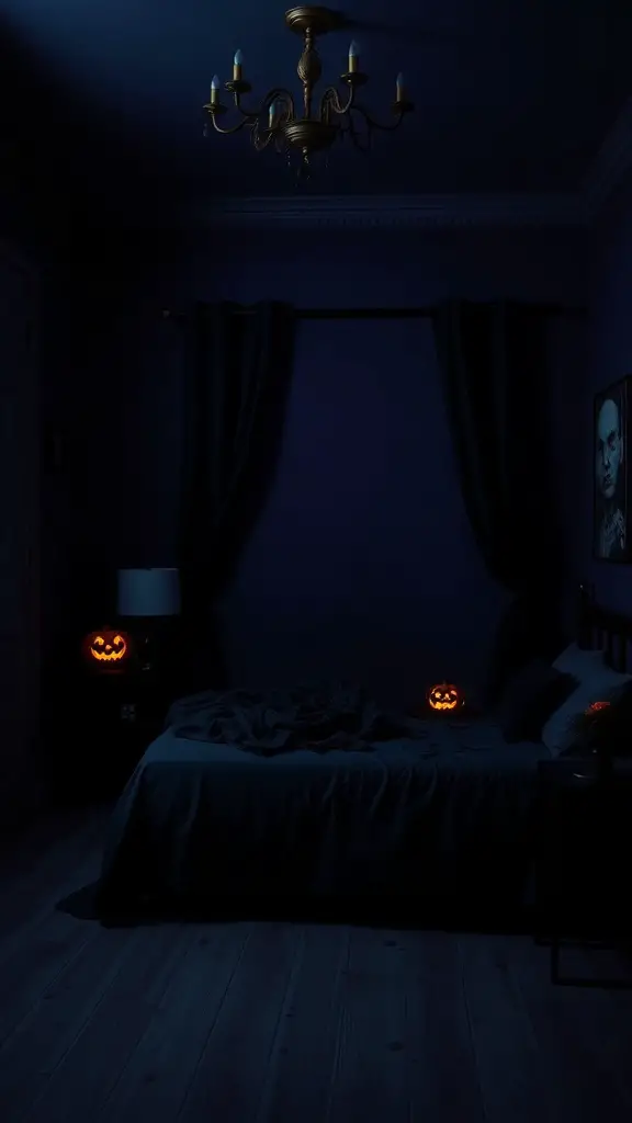 A dimly lit bedroom with dark walls, a chandelier, and jack-o'-lanterns on either side of the bed.