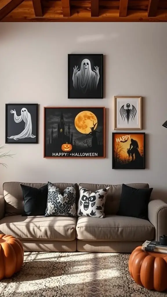 A cozy living room with Halloween-themed wall art, including ghosts, a pumpkin, and a full moon.