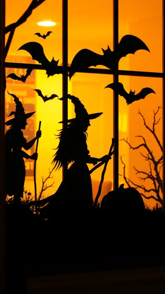 Silhouettes of witches and bats against an orange backdrop in a window