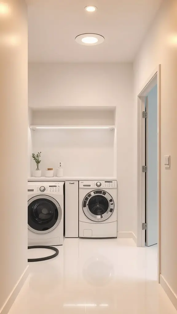 15+ Clever Hallway Laundry Closet Ideas for Small Spaces 7 Bright and modern hallway laundry closet with washing machines and efficient lighting.