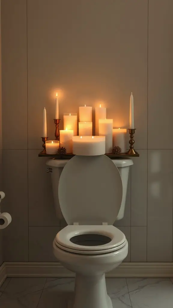 23+Chic Back of Toilet Decor Ideas to Transform Your Bathroom 10 A decorative arrangement of candles on the back of a toilet, creating a warm and inviting atmosphere.