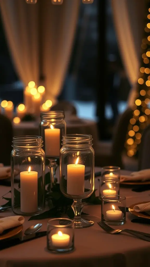 21 Creative Dollar Tree DIY Home Decor Ideas 5 A cozy table setting with glass jars holding candles, creating a warm glow.