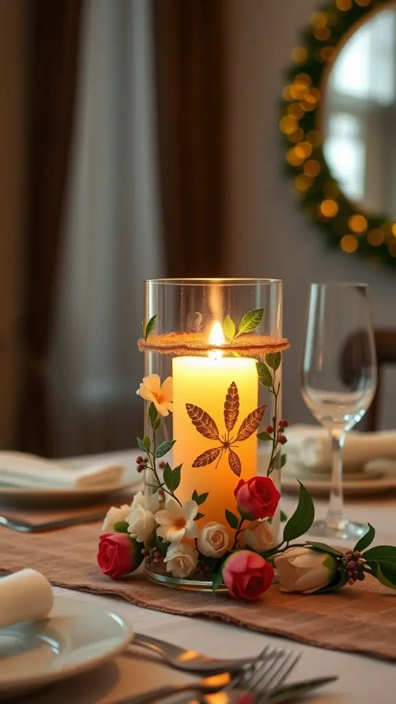 23 Stunning Dollar Tree Centerpieces You Can DIY 6 A beautifully arranged candle holder with flowers on a dining table.
