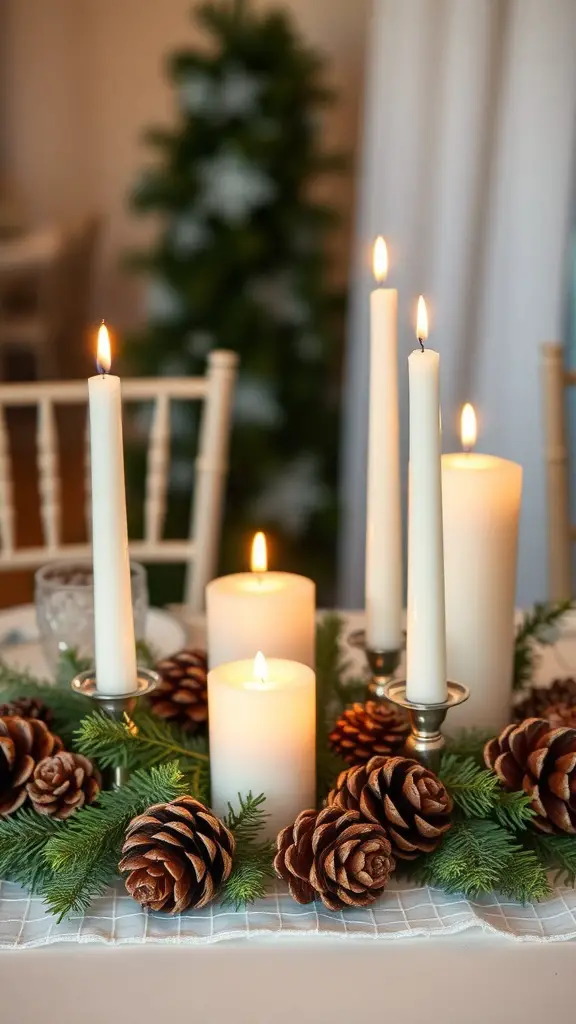 Candlelit centerpiece with white candles, pinecones, and greenery on a table