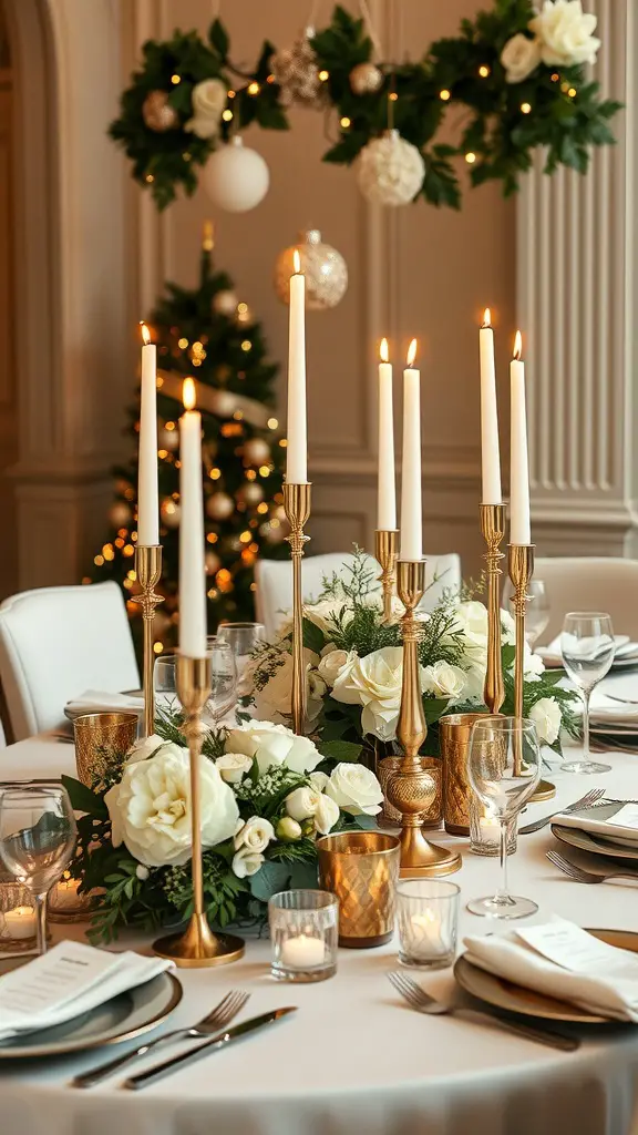 Elegant candlelit table setting with golden candle holders, white roses, and a festive backdrop