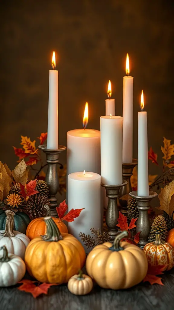 A cozy fall arrangement featuring candles, pumpkins, and autumn leaves.