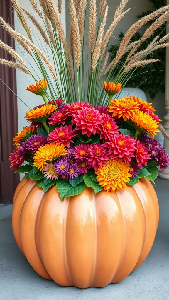 21 Gorgeous Fall Planters to Brighten Your Garden 5 Ceramic pumpkin planter filled with colorful flowers and tall grasses.