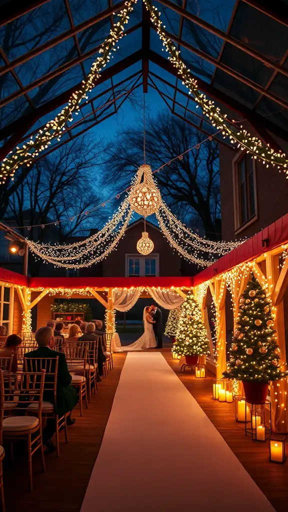 19+ Stunning Christmas Wedding Ideas You Need to See 15 A beautifully lit wedding venue with twinkling lights, decorated trees, and a romantic atmosphere.
