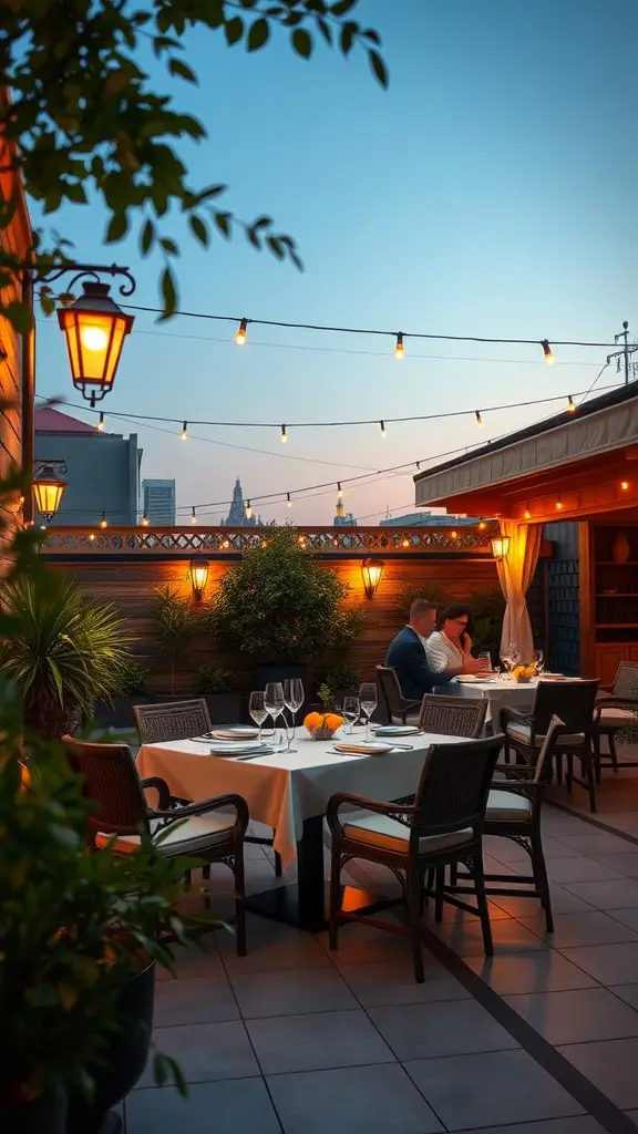 15 Inspiring Outdoor Patio Ideas for Your Dream Space 10 An elegant outdoor dining space with string lights, a beautifully set table, and lush greenery.