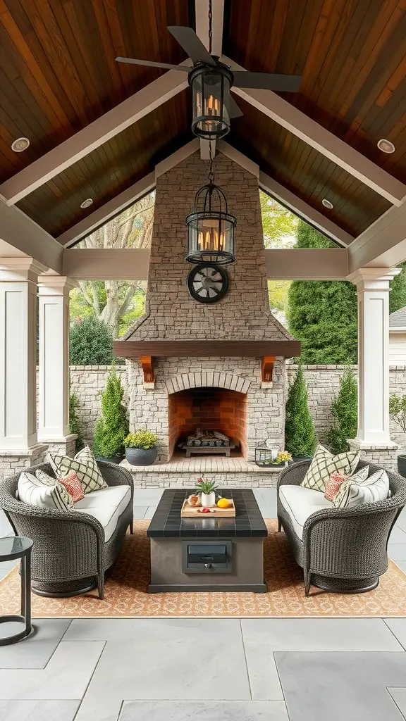 27 Cozy Outdoor Covered Patios with Fireplaces for Ultimate Comfort 5 Outdoor covered patio with a fireplace, featuring comfortable seating and a coffee table.