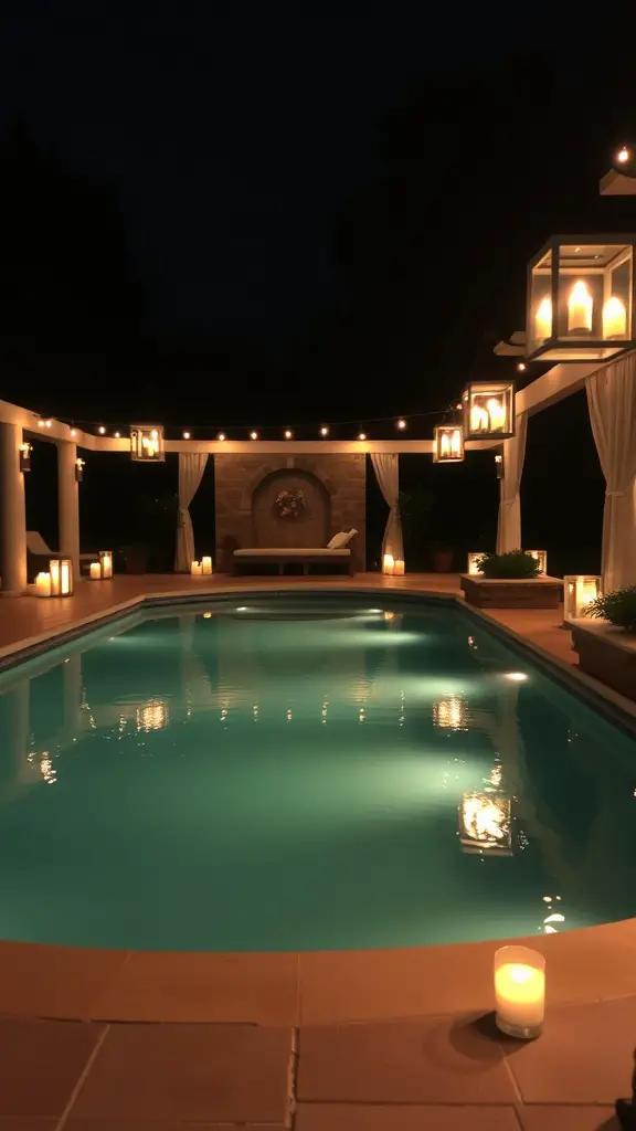 21+ Unique Stock Tank Pool Ideas for Your Backyard Oasis 11 A beautifully lit backyard with a stock tank pool, lanterns, and draped seating.