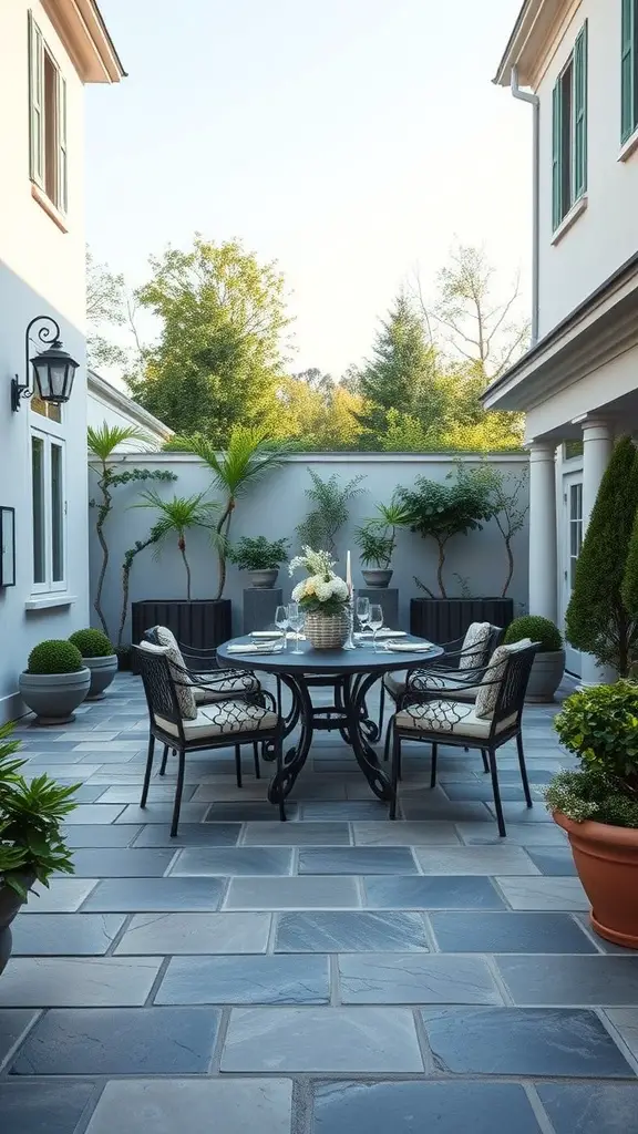 23 Stunning Flagstone Patio Ideas for Your Outdoor Space 7 A cozy flagstone patio with a round dining table and chairs surrounded by greenery.