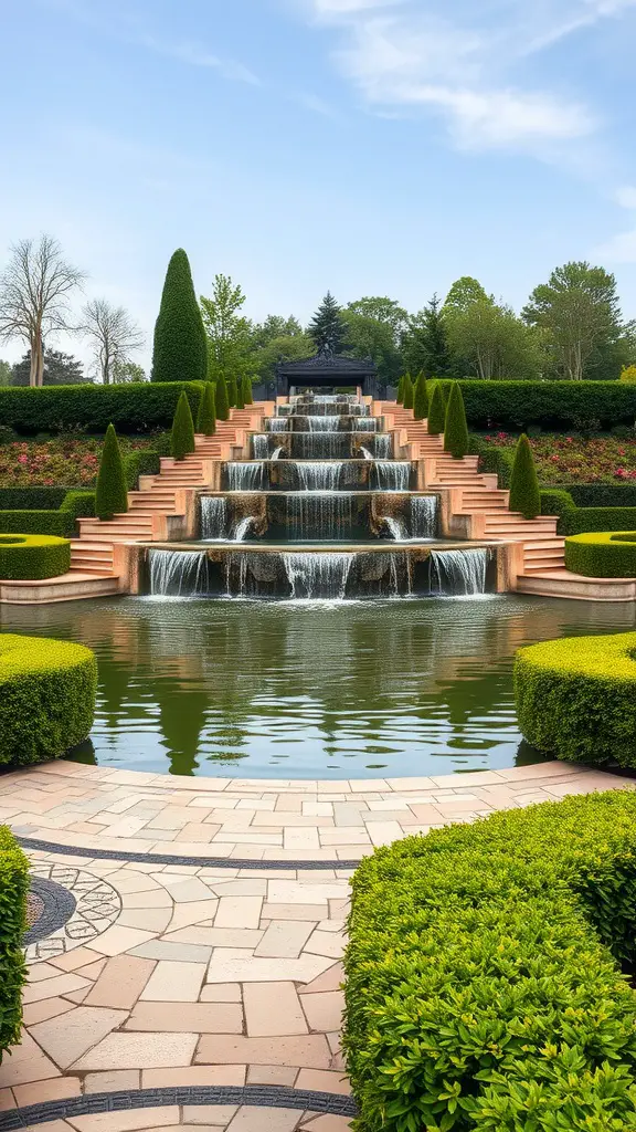 A formal pond with tiered waterfalls surrounded by manicured hedges and colorful flowers.