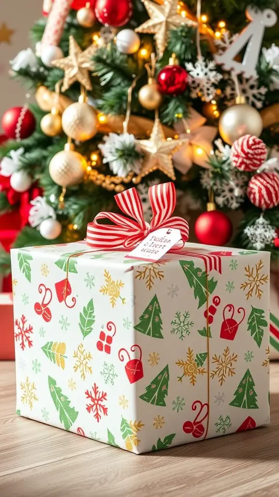 15 Creative Dollar Tree Christmas Decor Ideas for a Festive Home 17 A beautifully wrapped Christmas gift with festive designs, sitting near a decorated Christmas tree.
