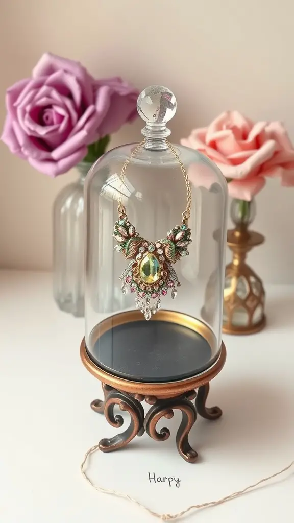 A glass jewelry cloche displaying a necklace, surrounded by roses.