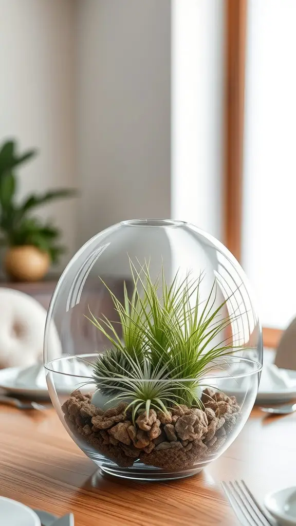 23 Stunning Dollar Tree Centerpieces You Can DIY 11 A glass terrarium featuring air plants and decorative stones, placed on a wooden table.