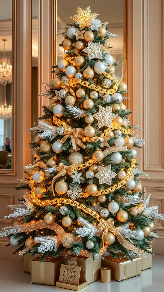 19 Unique Christmas Tree Ideas to Brighten Your Holidays 11 A beautifully decorated Christmas tree with gold and white ornaments, featuring a star on top and wrapped gifts underneath.