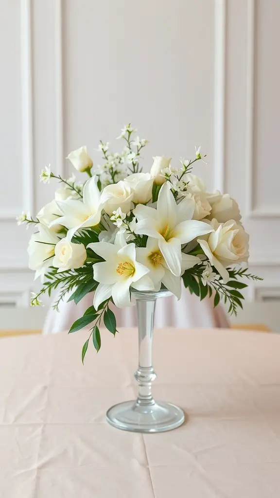 17 Stunning Fall Centerpieces for Your Dining Table 12 A beautiful floral centerpiece featuring white lilies and roses in a clear glass vase, set on a light pink tablecloth.
