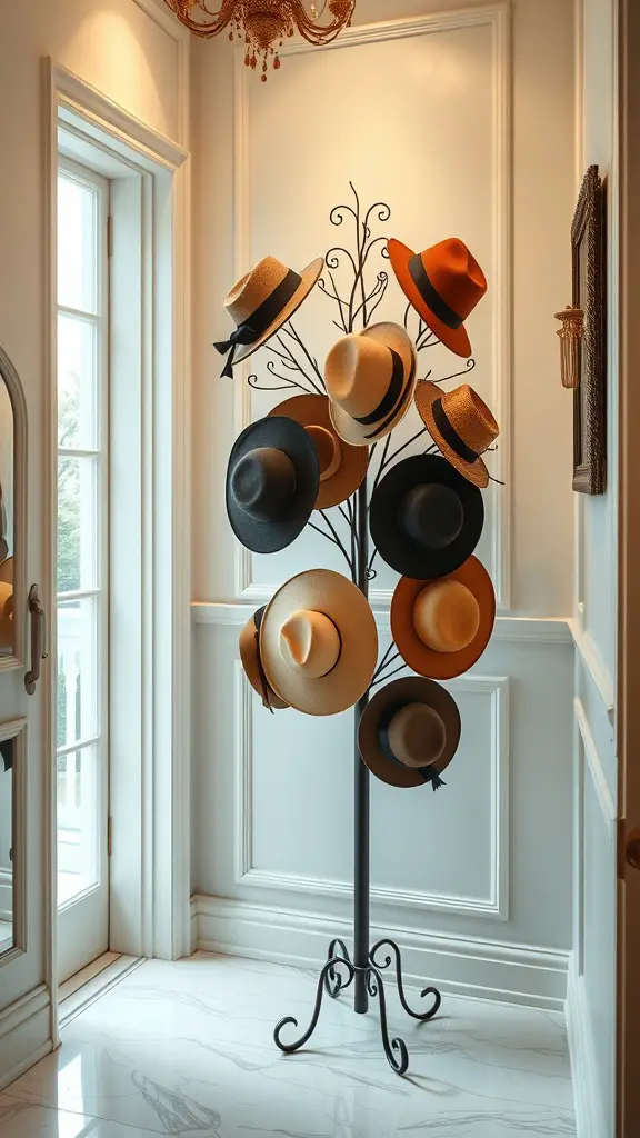 19 Creative Hat Rack Ideas for Your Home 2 A stylish hat tree stand displaying various hats in a well-lit room.
